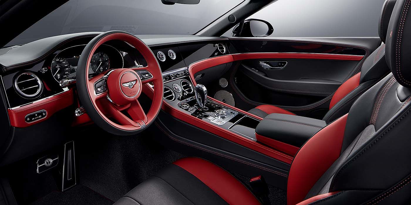 Bentley Madrid Bentley Continental GTC S convertible front interior in Beluga black and Hotspur red hide with high gloss carbon fibre veneer