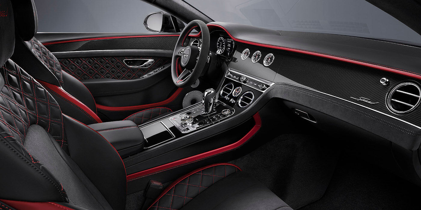 Bentley Madrid Bentley Continental GT Speed coupe front interior in Beluga black and Hotspur red hide