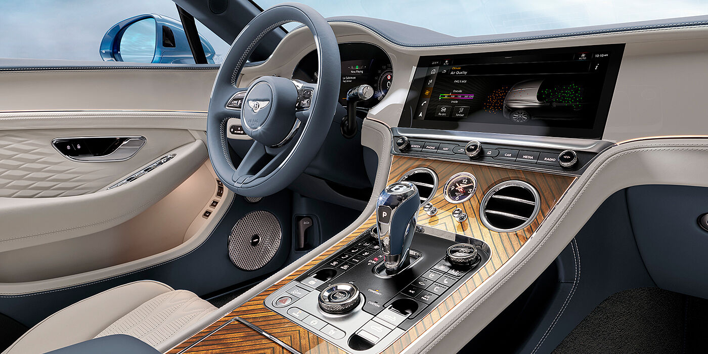 Bentley Madrid New Bentley Continental GTC Azure convertible interior front cabin view with Linen and Brunel hides and Piano Linen by Mulliner veneer featuring centre console and centre MMI screen