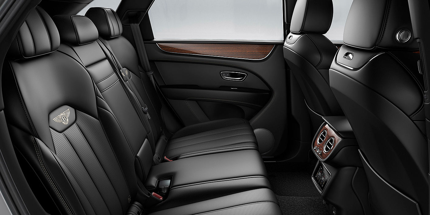 Bentley Madrid Bentey Bentayga interior view for rear passengers with Beluga black hide.