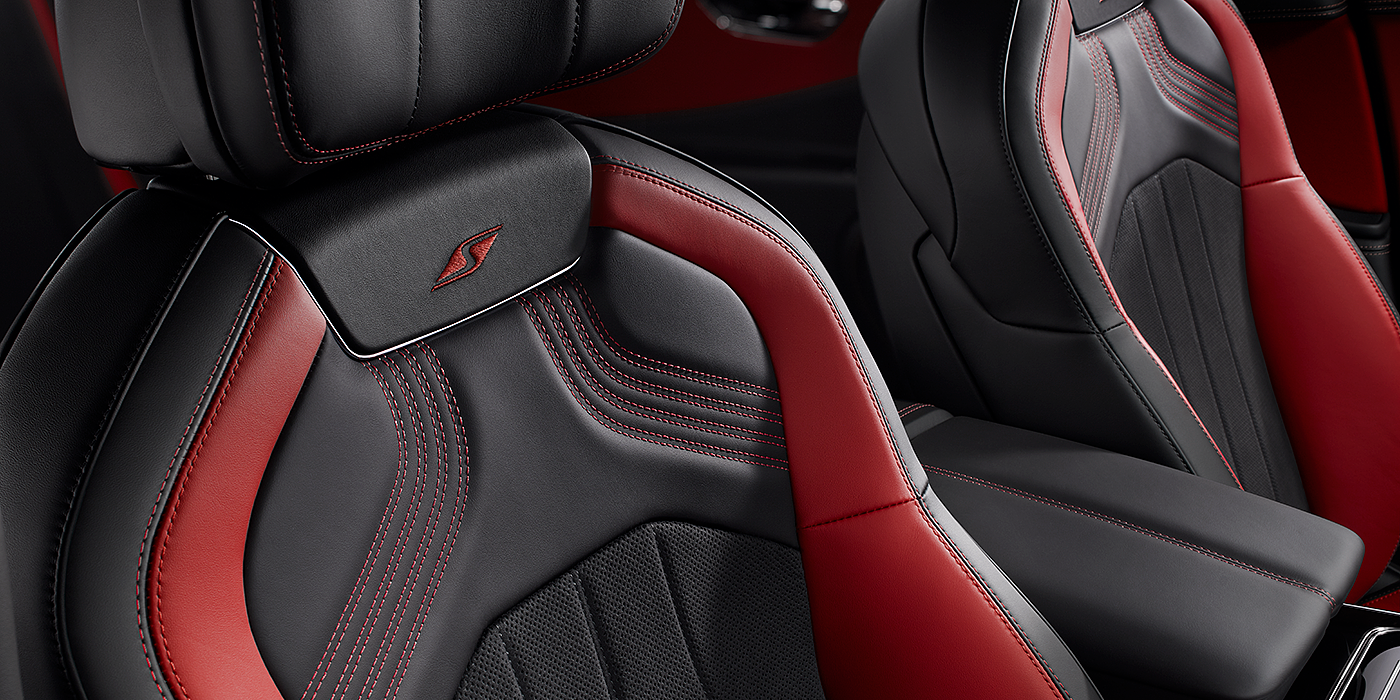 Bentley Madrid Bentley Flying Spur S seat in Beluga black and \hotspur red hide with S emblem stitching