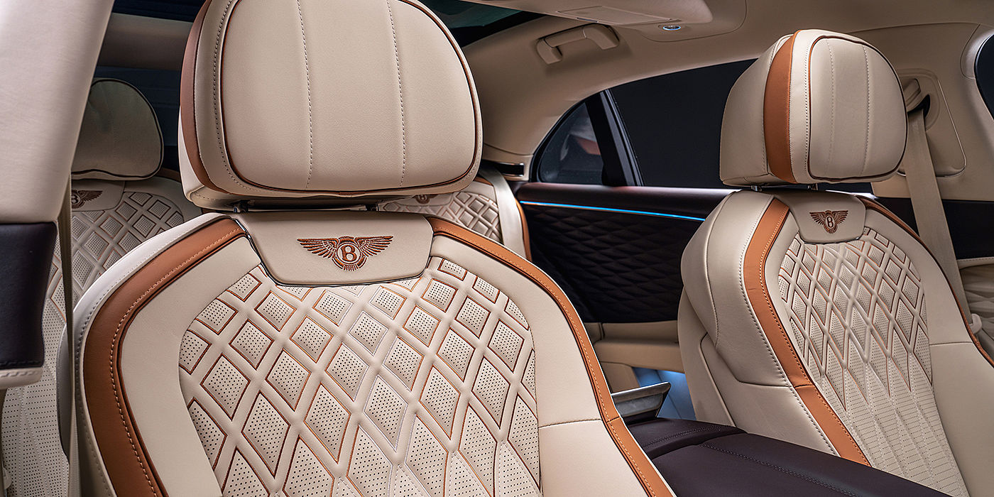 Bentley Madrid Bentley Flying Spur Odyssean sedan rear seat detail with Diamond quilting and Linen and Burnt Oak hides