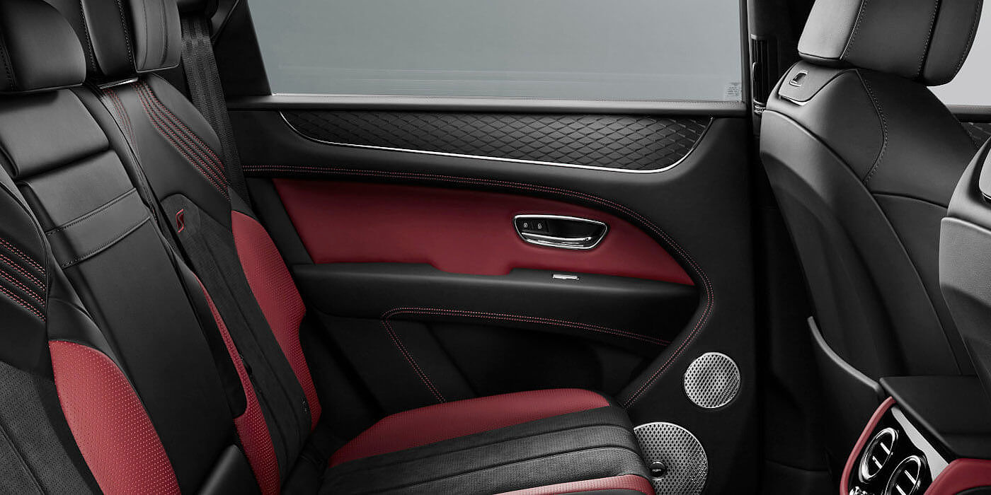 Bentley Madrid Bentley Bentayga S SUV rear interior in Beluga black and Hotspur red hide