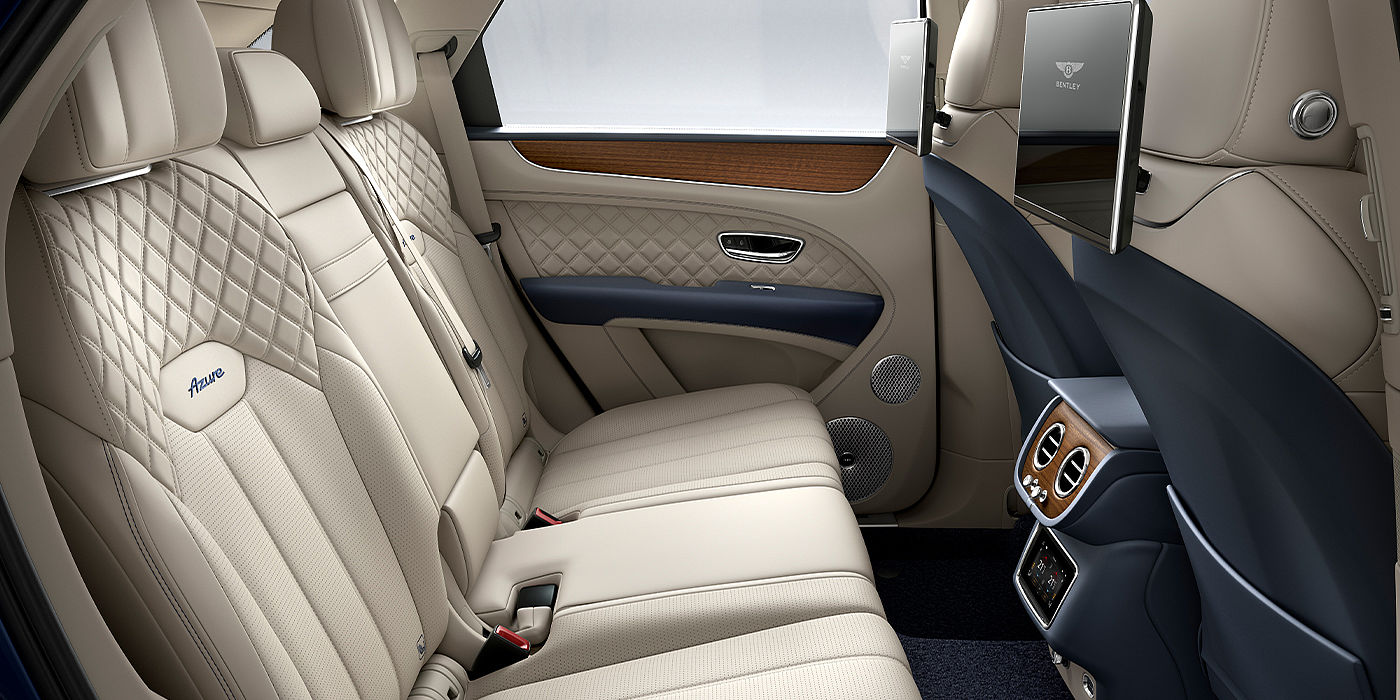 Bentley Madrid Bentley Bentayga Azure SUV rear interior in Imperial Blue and Linen hide