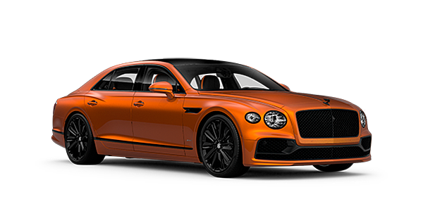 Bentley Madrid Bentley Flying Spur Speed front side angled view in Orange Flame coloured exterior. 