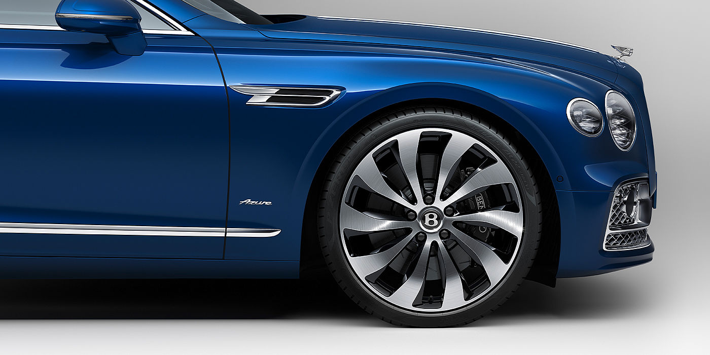 Bentley Madrid Bentley Flying Spur Azure sedan side close up in Sequin Blue paint with Azure badge