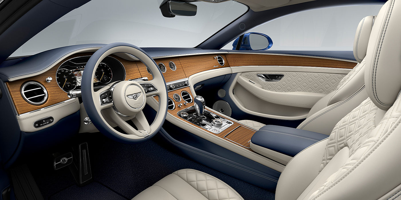 Bentley Madrid Bentley Continental GT Azure coupe front interior in Imperial Blue and linen hide