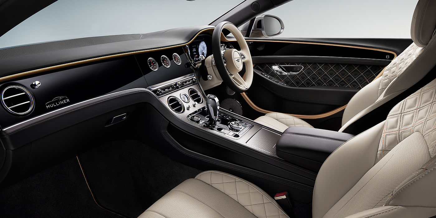 Bentley Madrid Bentley Continental GT Mulliner coupe front interior in Beluga black and Linen hide