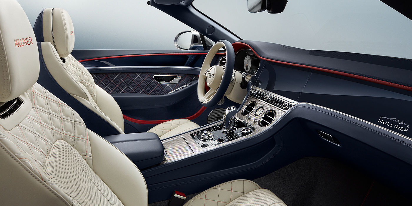 Bentley Madrid Bentley Continental GTC Mulliner convertible front interior in Imperial Blue and Linen hide